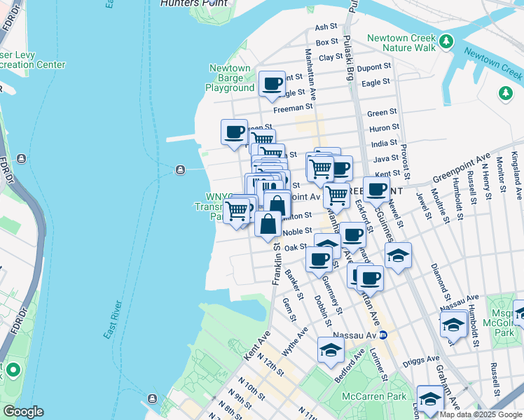 map of restaurants, bars, coffee shops, grocery stores, and more near 134 Franklin Street in Brooklyn