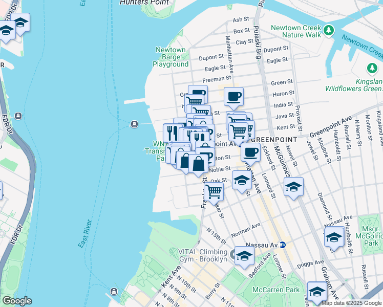 map of restaurants, bars, coffee shops, grocery stores, and more near 5658 Greenpoint Avenue in Brooklyn