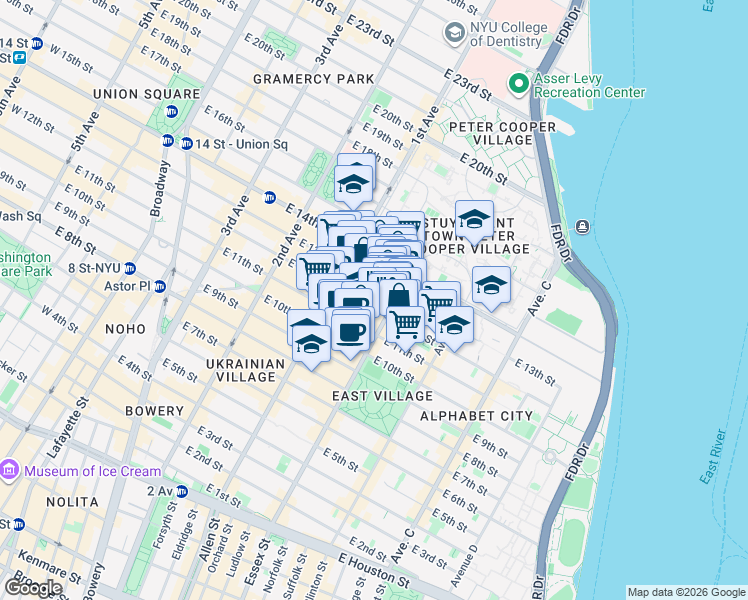 map of restaurants, bars, coffee shops, grocery stores, and more near 199 Avenue A in New York