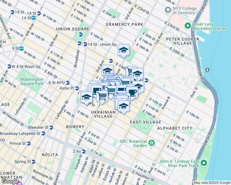 map of restaurants, bars, coffee shops, grocery stores, and more near 213 East 10th Street in New York