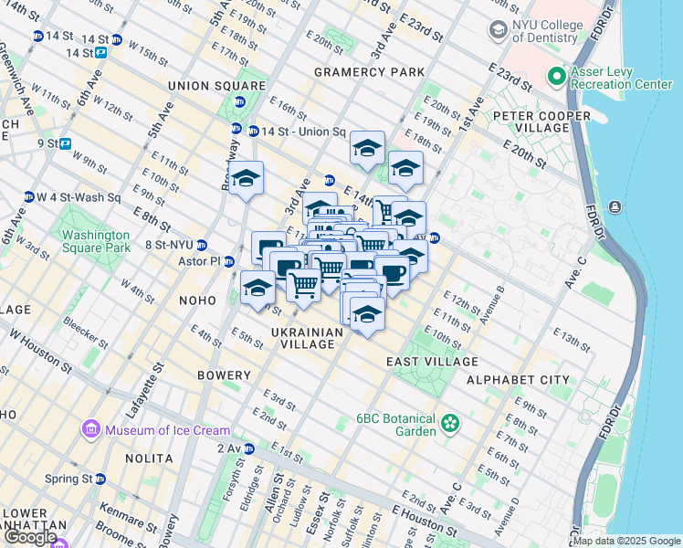 map of restaurants, bars, coffee shops, grocery stores, and more near 213 East 10th Street in New York