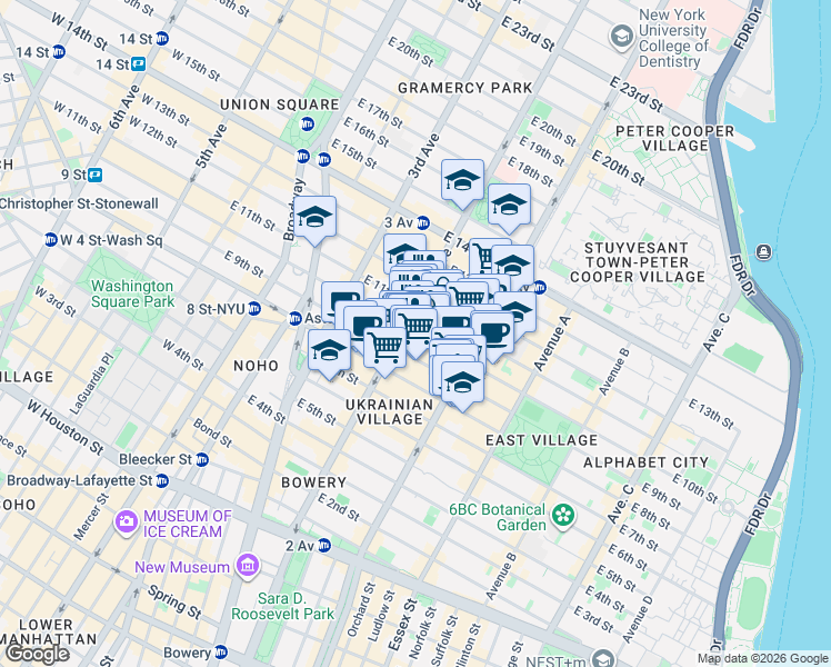 map of restaurants, bars, coffee shops, grocery stores, and more near 213 East 10th Street in New York