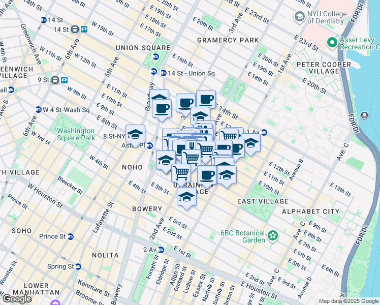 map of restaurants, bars, coffee shops, grocery stores, and more near 149 2nd Avenue in New York