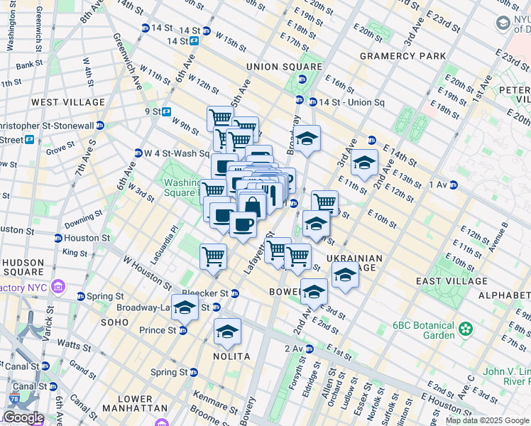 map of restaurants, bars, coffee shops, grocery stores, and more near 725 Broadway in New York