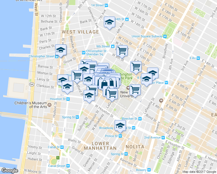 map of restaurants, bars, coffee shops, grocery stores, and more near 165 Bleecker Street in New York