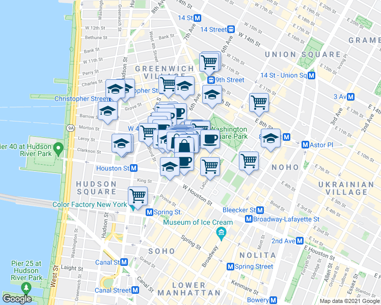 map of restaurants, bars, coffee shops, grocery stores, and more near 190 Bleecker Street in New York