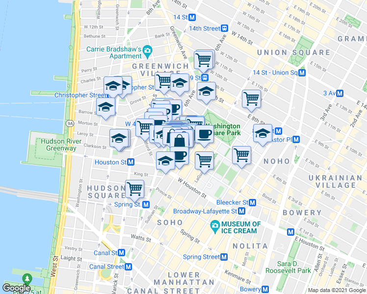 map of restaurants, bars, coffee shops, grocery stores, and more near 190 Bleecker Street in New York