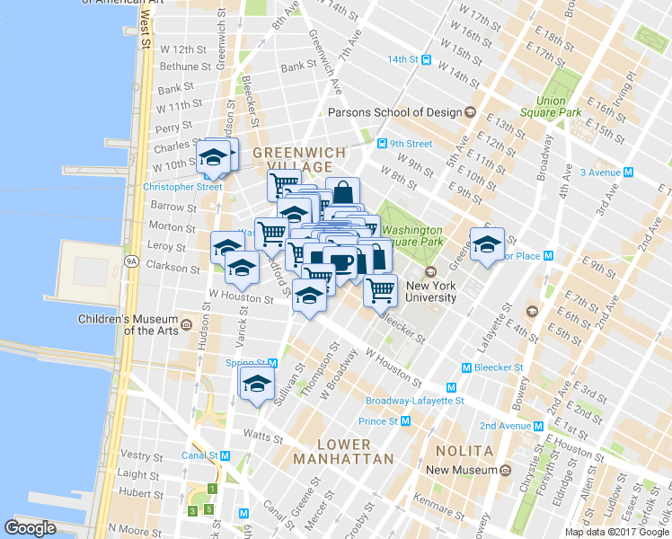 map of restaurants, bars, coffee shops, grocery stores, and more near 190 Bleecker Street in New York
