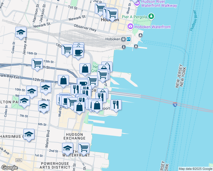 map of restaurants, bars, coffee shops, grocery stores, and more near in Jersey City
