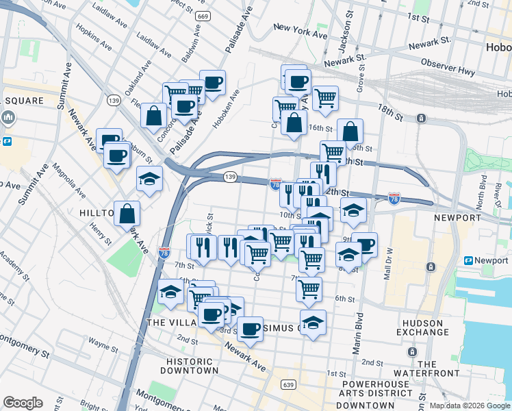 map of restaurants, bars, coffee shops, grocery stores, and more near 310 10th Street in Jersey City