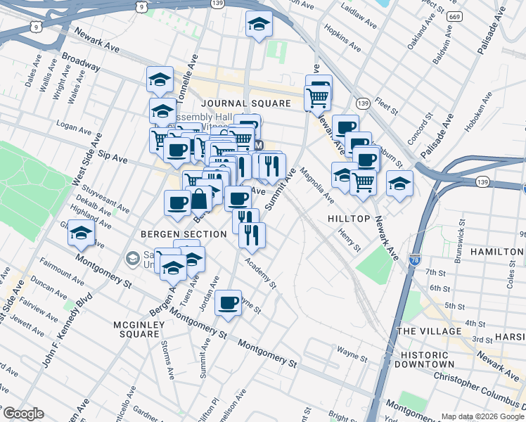 map of restaurants, bars, coffee shops, grocery stores, and more near 403-405 Summit Avenue in Jersey City
