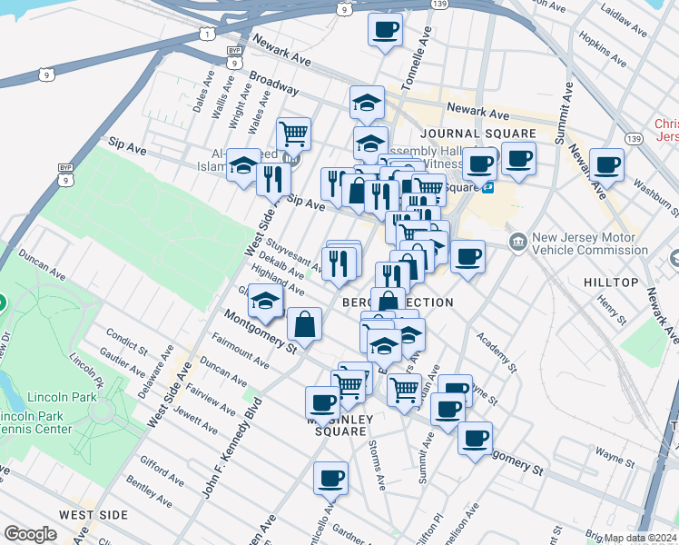 map of restaurants, bars, coffee shops, grocery stores, and more near 14 Garrison Avenue in Jersey City