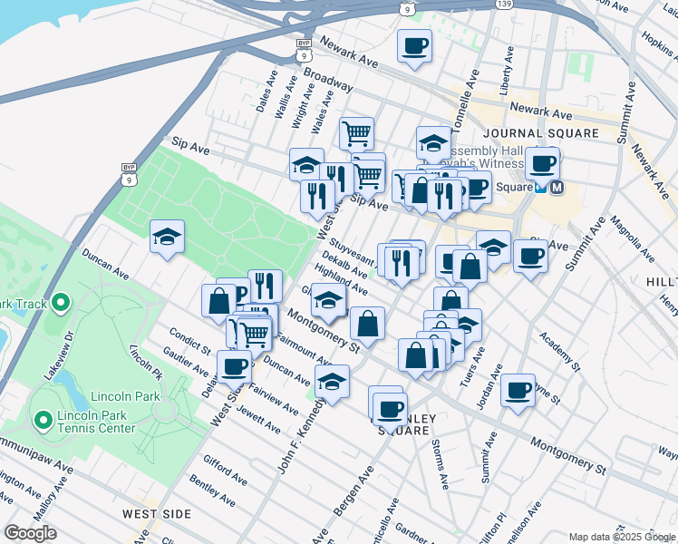 map of restaurants, bars, coffee shops, grocery stores, and more near 142 Highland Avenue in Jersey City