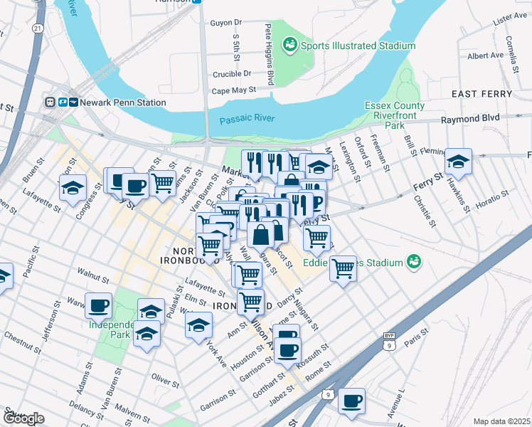 map of restaurants, bars, coffee shops, grocery stores, and more near 82 Somme Street in Newark