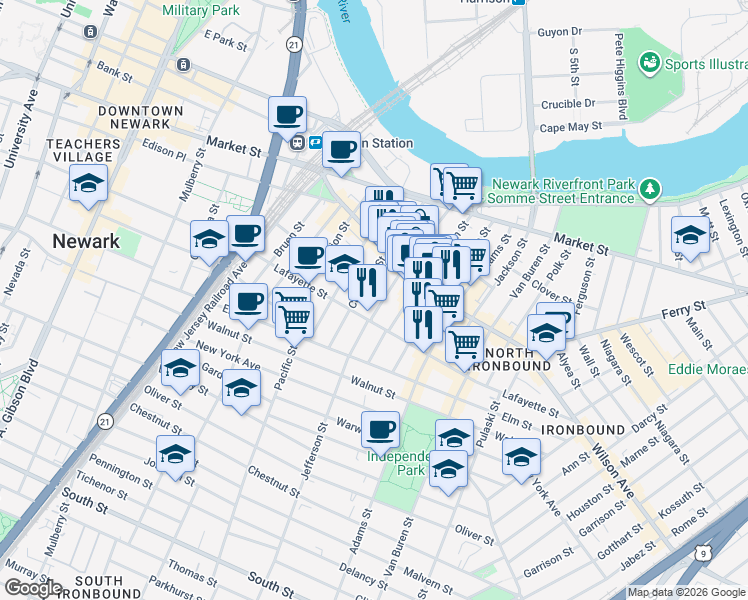 map of restaurants, bars, coffee shops, grocery stores, and more near 102 Jefferson Street in Newark