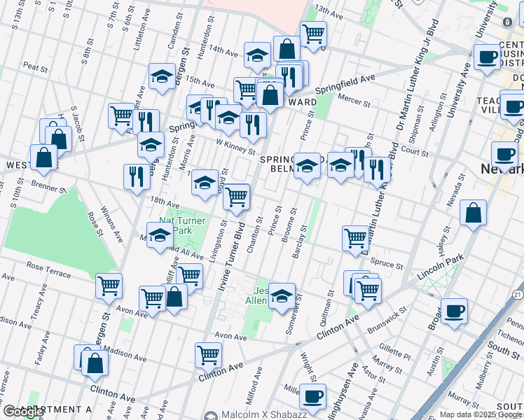 map of restaurants, bars, coffee shops, grocery stores, and more near 145 Irvine Turner Boulevard in Newark