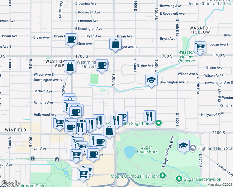 map of restaurants, bars, coffee shops, grocery stores, and more near 1861 South 1300 East in Salt Lake City