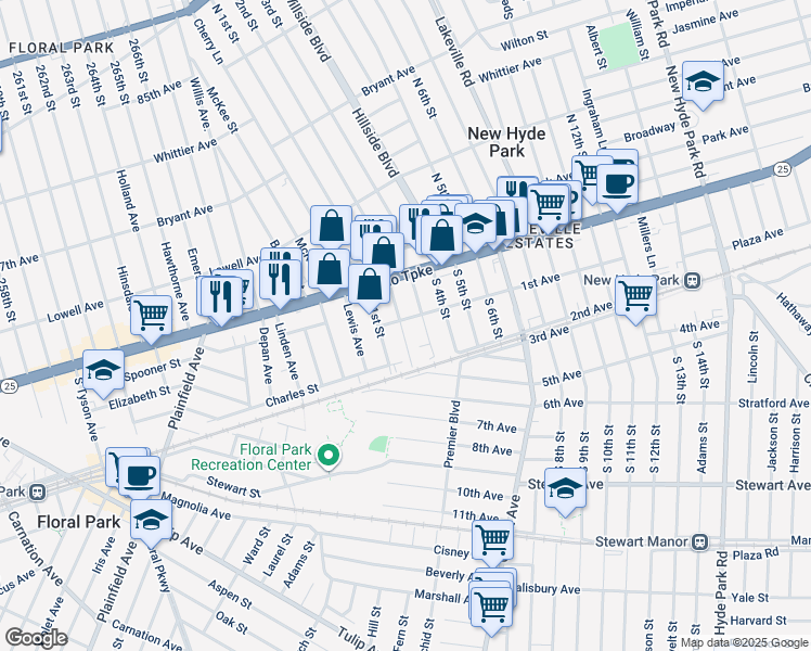 map of restaurants, bars, coffee shops, grocery stores, and more near 200 1st Avenue in New Hyde Park