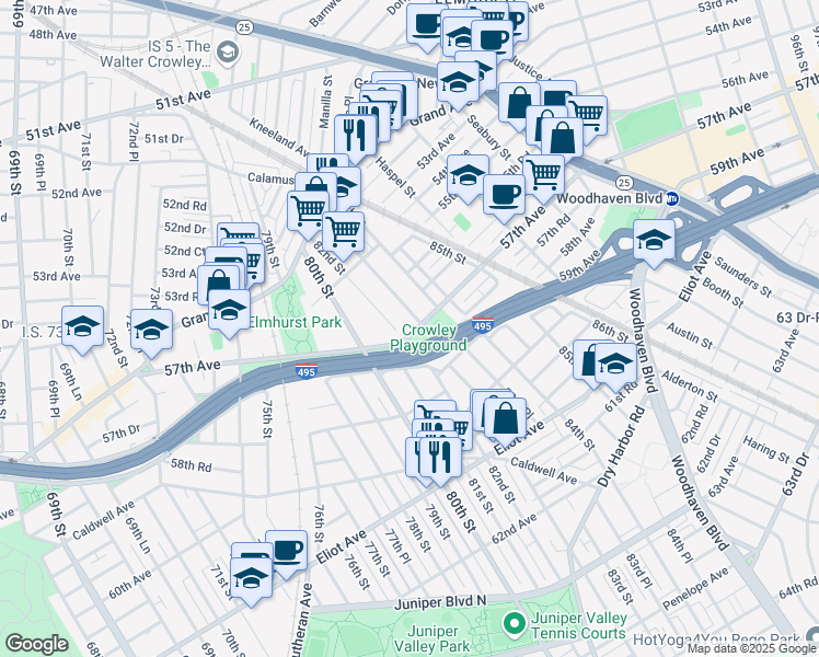 map of restaurants, bars, coffee shops, grocery stores, and more near 82-11 57th Avenue in Queens