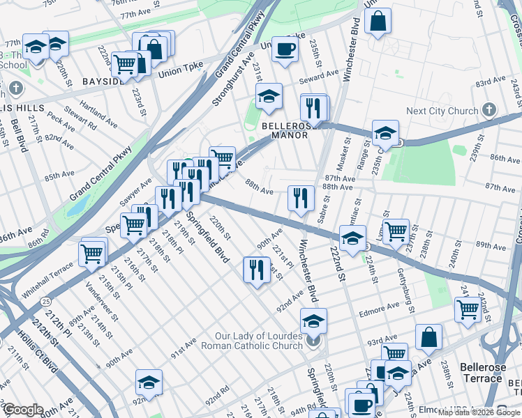map of restaurants, bars, coffee shops, grocery stores, and more near 221-39 Braddock Avenue in Queens