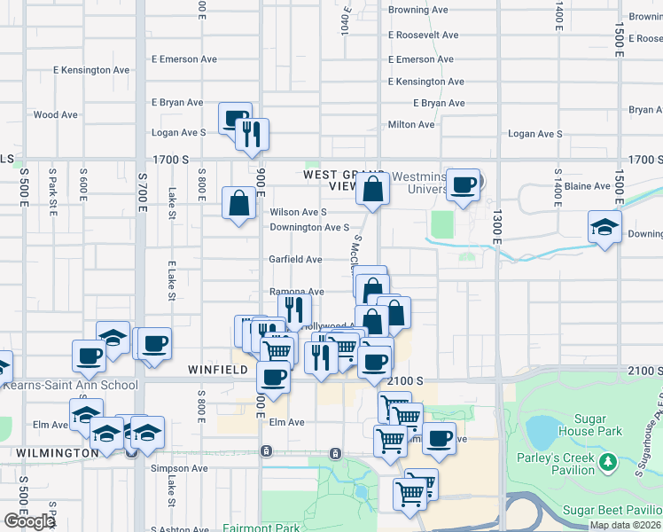 map of restaurants, bars, coffee shops, grocery stores, and more near 1873 South 1000 East in Salt Lake City