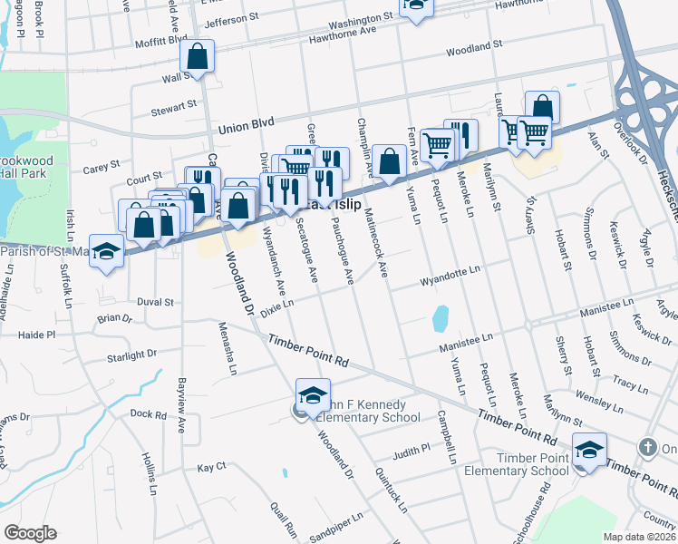 map of restaurants, bars, coffee shops, grocery stores, and more near 30 Pauchogue Avenue in East Islip