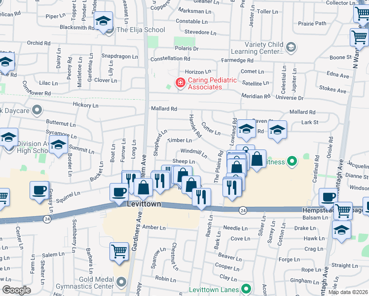 map of restaurants, bars, coffee shops, grocery stores, and more near 23 Windmill Lane in Levittown