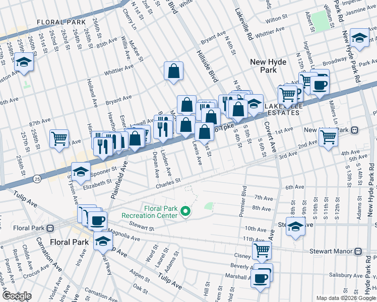 map of restaurants, bars, coffee shops, grocery stores, and more near 25 Sycamore Avenue in Floral Park