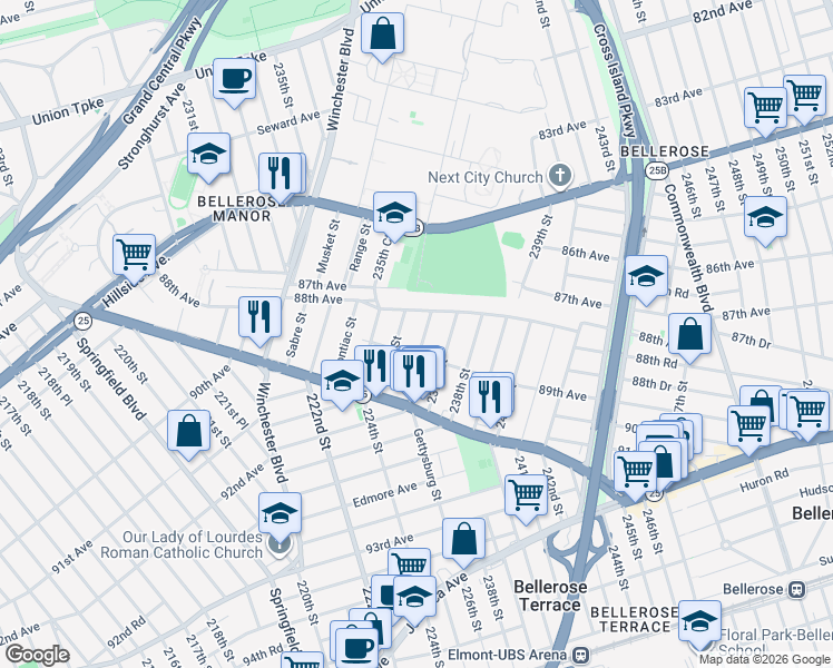 map of restaurants, bars, coffee shops, grocery stores, and more near 88-25 Gettysburg Street in Queens