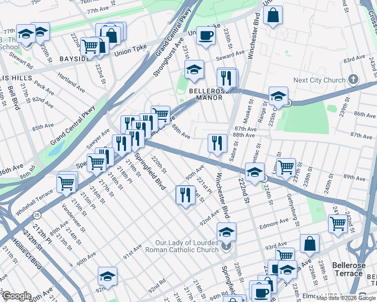 map of restaurants, bars, coffee shops, grocery stores, and more near 221-39 Braddock Avenue in Queens