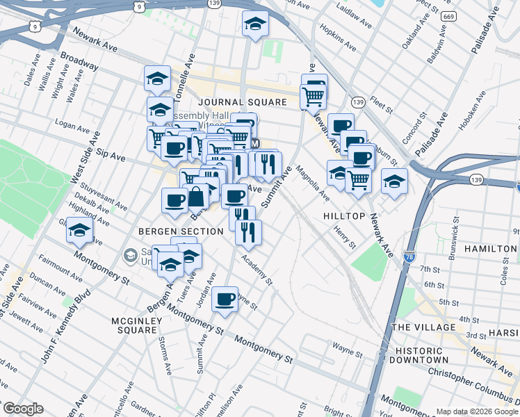map of restaurants, bars, coffee shops, grocery stores, and more near 403-405 Summit Avenue in Jersey City