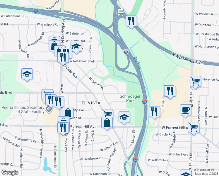 map of restaurants, bars, coffee shops, grocery stores, and more near 2044 West Wilson Avenue in Peoria