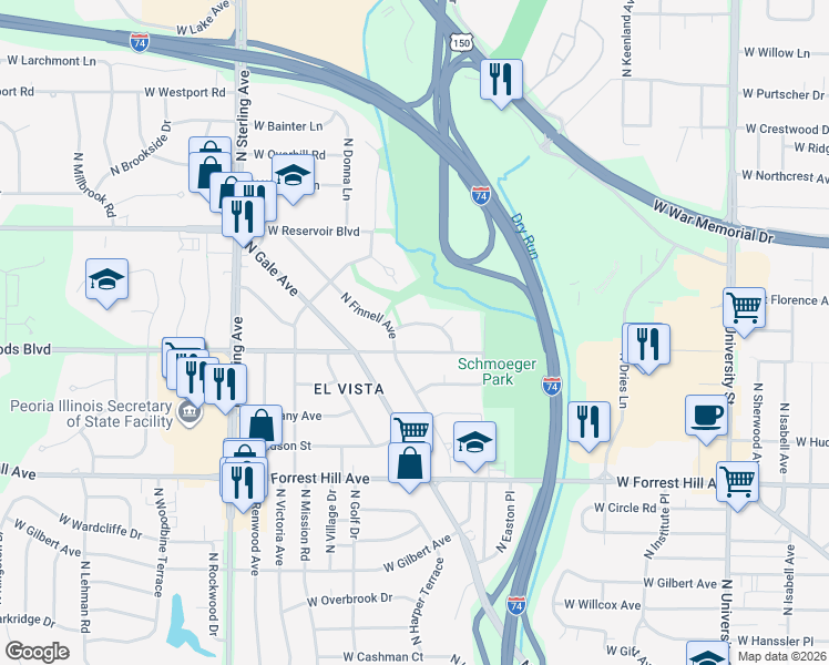 map of restaurants, bars, coffee shops, grocery stores, and more near 2044 West Wilson Avenue in Peoria