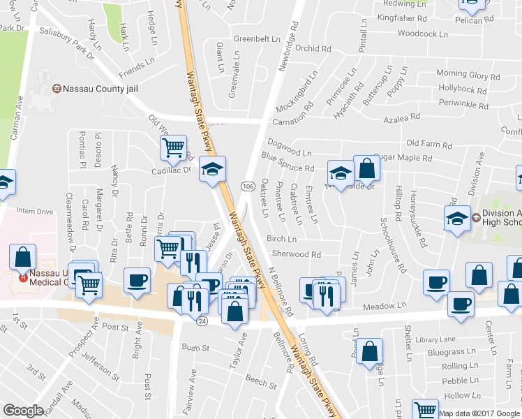 map of restaurants, bars, coffee shops, grocery stores, and more near 26 Oaktree Lane in Levittown