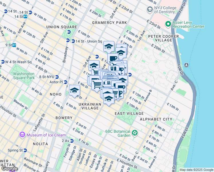 map of restaurants, bars, coffee shops, grocery stores, and more near 332 East 11th Street in New York