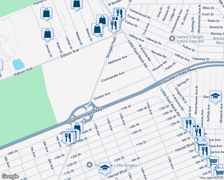 map of restaurants, bars, coffee shops, grocery stores, and more near 101 Gordon Avenue in West Babylon