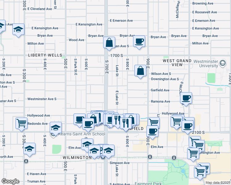 map of restaurants, bars, coffee shops, grocery stores, and more near 1864 East Lake Street in Salt Lake City