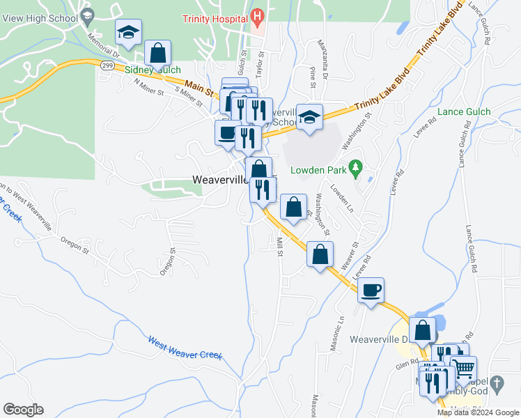 map of restaurants, bars, coffee shops, grocery stores, and more near 790 Main Street in Weaverville