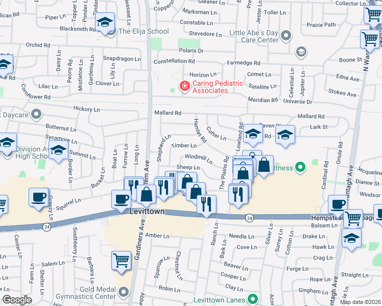 map of restaurants, bars, coffee shops, grocery stores, and more near 23 Windmill Lane in Levittown