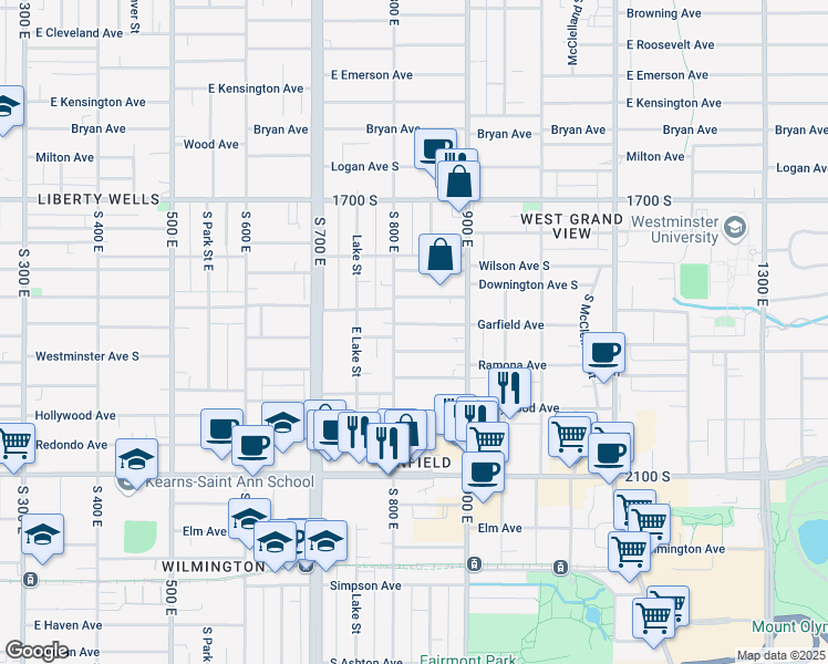 map of restaurants, bars, coffee shops, grocery stores, and more near 838 East Garfield Avenue in Salt Lake City
