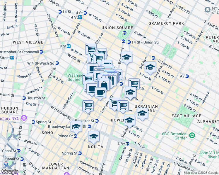 map of restaurants, bars, coffee shops, grocery stores, and more near 725 Broadway in New York