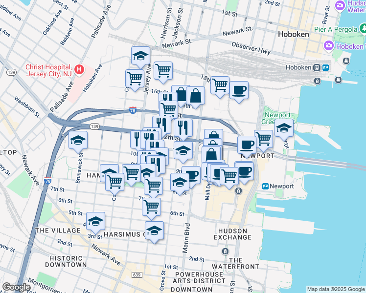 map of restaurants, bars, coffee shops, grocery stores, and more near 185 Interstate 78 in Jersey City