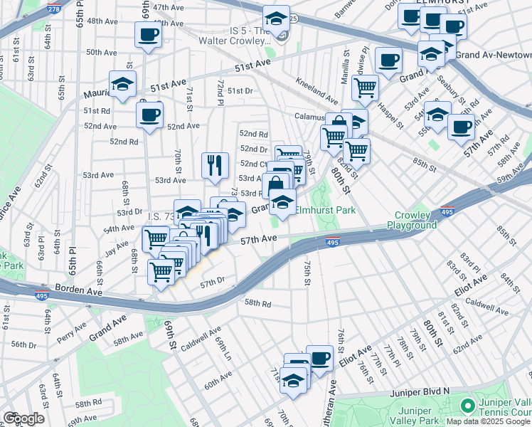 map of restaurants, bars, coffee shops, grocery stores, and more near 73-40 Grand Avenue in Queens