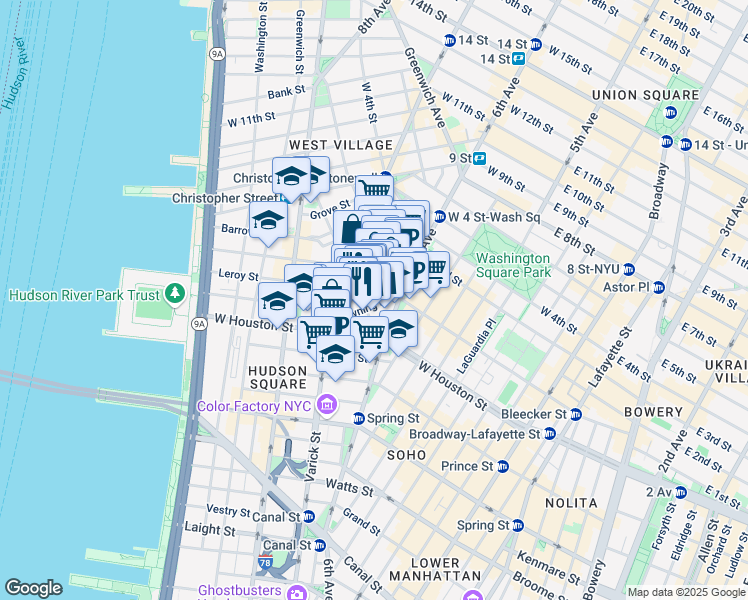 map of restaurants, bars, coffee shops, grocery stores, and more near 35 Bedford Street in New York