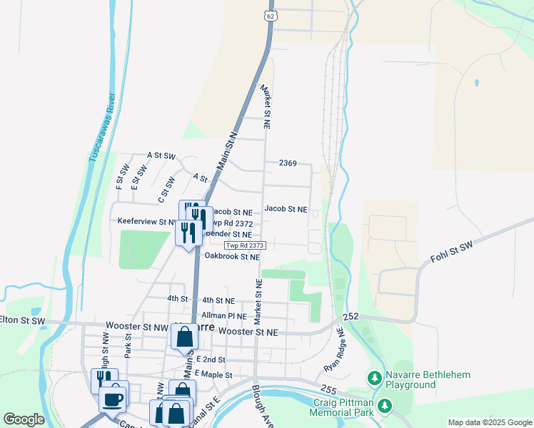 map of restaurants, bars, coffee shops, grocery stores, and more near 726 Market Street Northeast in Navarre