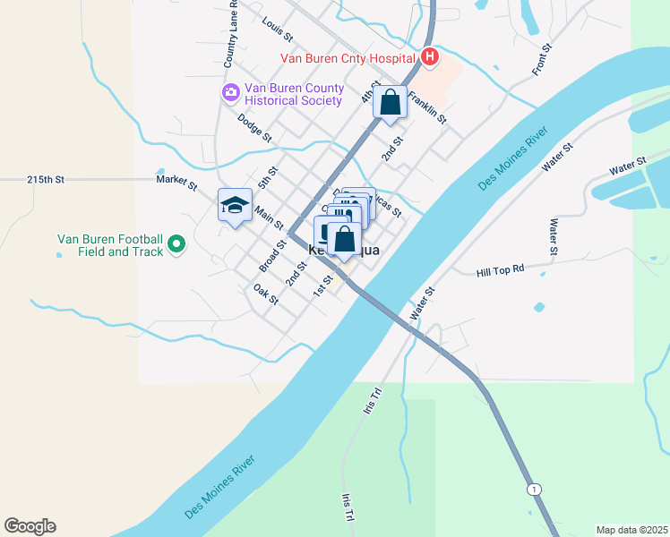 map of restaurants, bars, coffee shops, grocery stores, and more near 501 1st Street in Keosauqua