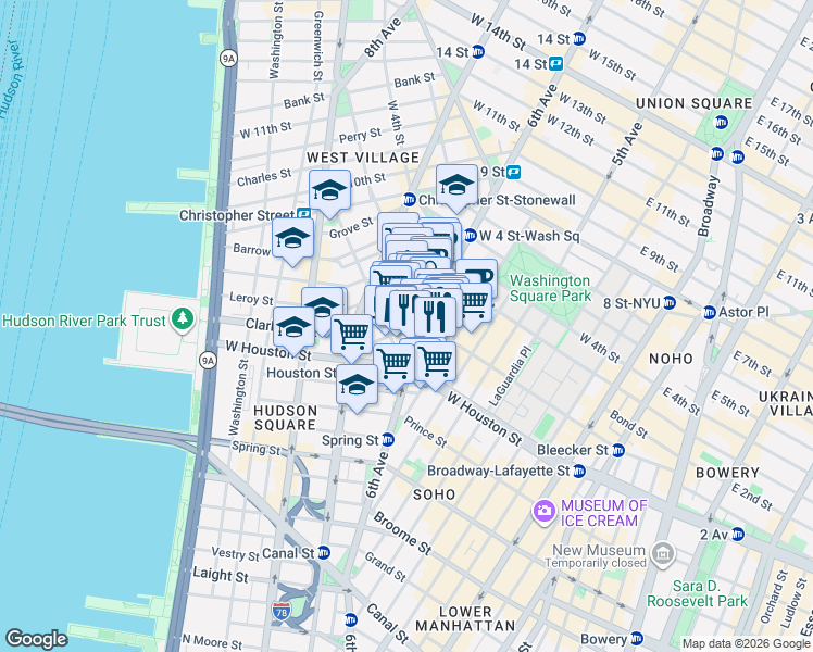 map of restaurants, bars, coffee shops, grocery stores, and more near 1 Minetta Street in New York