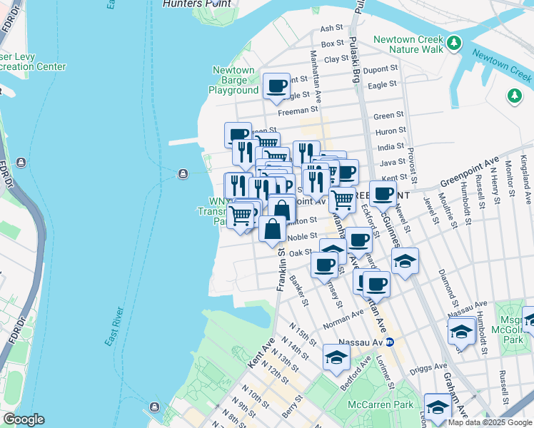map of restaurants, bars, coffee shops, grocery stores, and more near 70 Greenpoint Avenue in Brooklyn