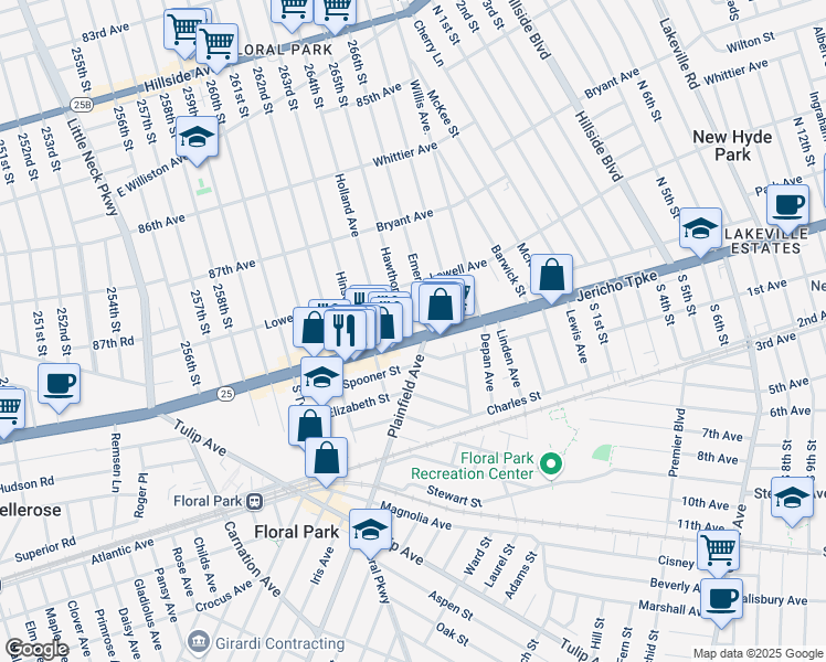 map of restaurants, bars, coffee shops, grocery stores, and more near 261 Jericho Turnpike in Floral Park