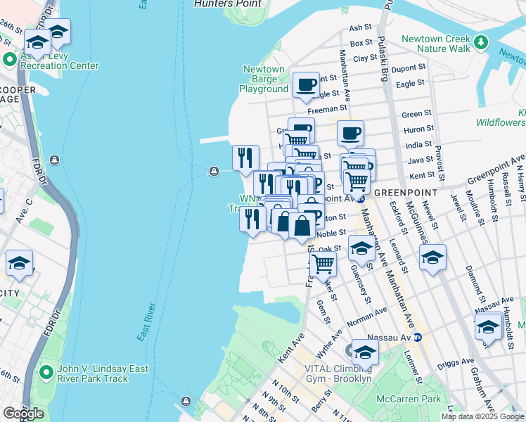 map of restaurants, bars, coffee shops, grocery stores, and more near 2 Greenpoint Avenue in Brooklyn